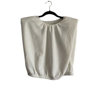 Express Women SZ L Ivory Textured Sleeveless Shoulder Pad Elastic Waist Top NWT